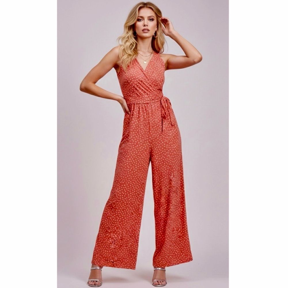 41 Hawthorn STITCH FIX Pink Polka Dot Jumpsuit Wide Leg Women’s Large V Neck